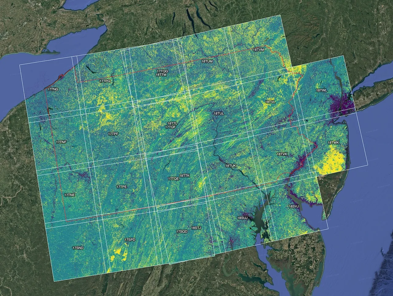 Leaf-off NDVI temporal mean mosaic of Pennsylvania