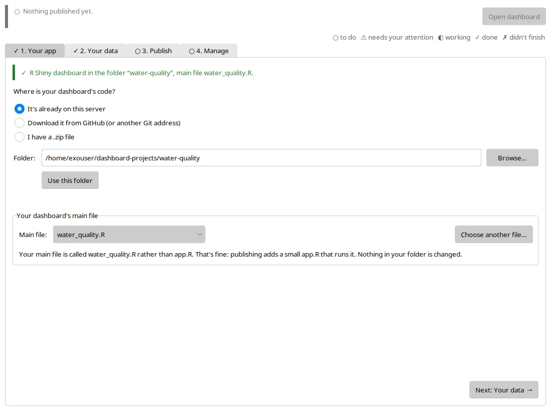 The Your app tab, having detected an R Shiny dashboard in the folder water-quality with main file water_quality.R