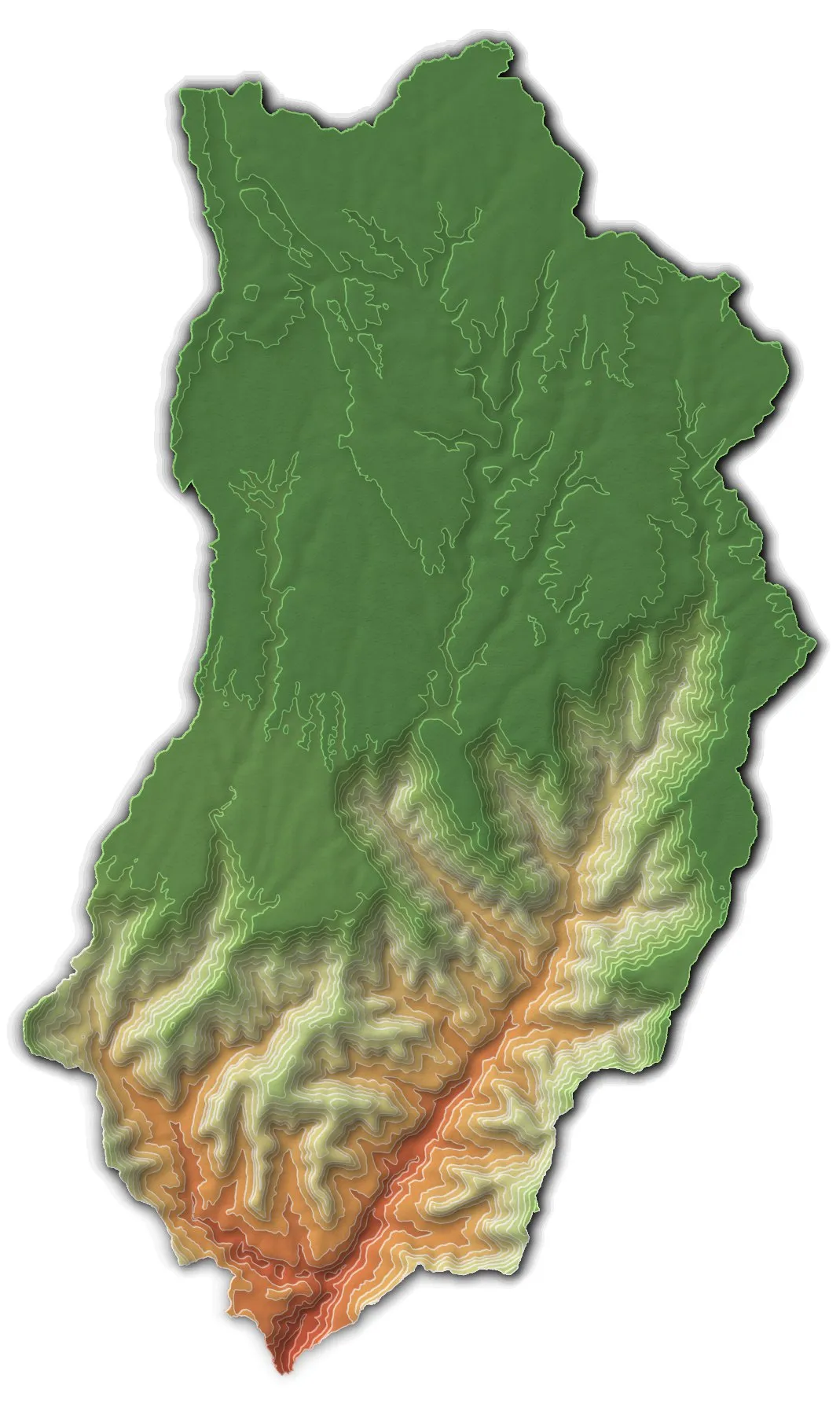 Stacked terrain clipped to the Bright Angel Creek watershed