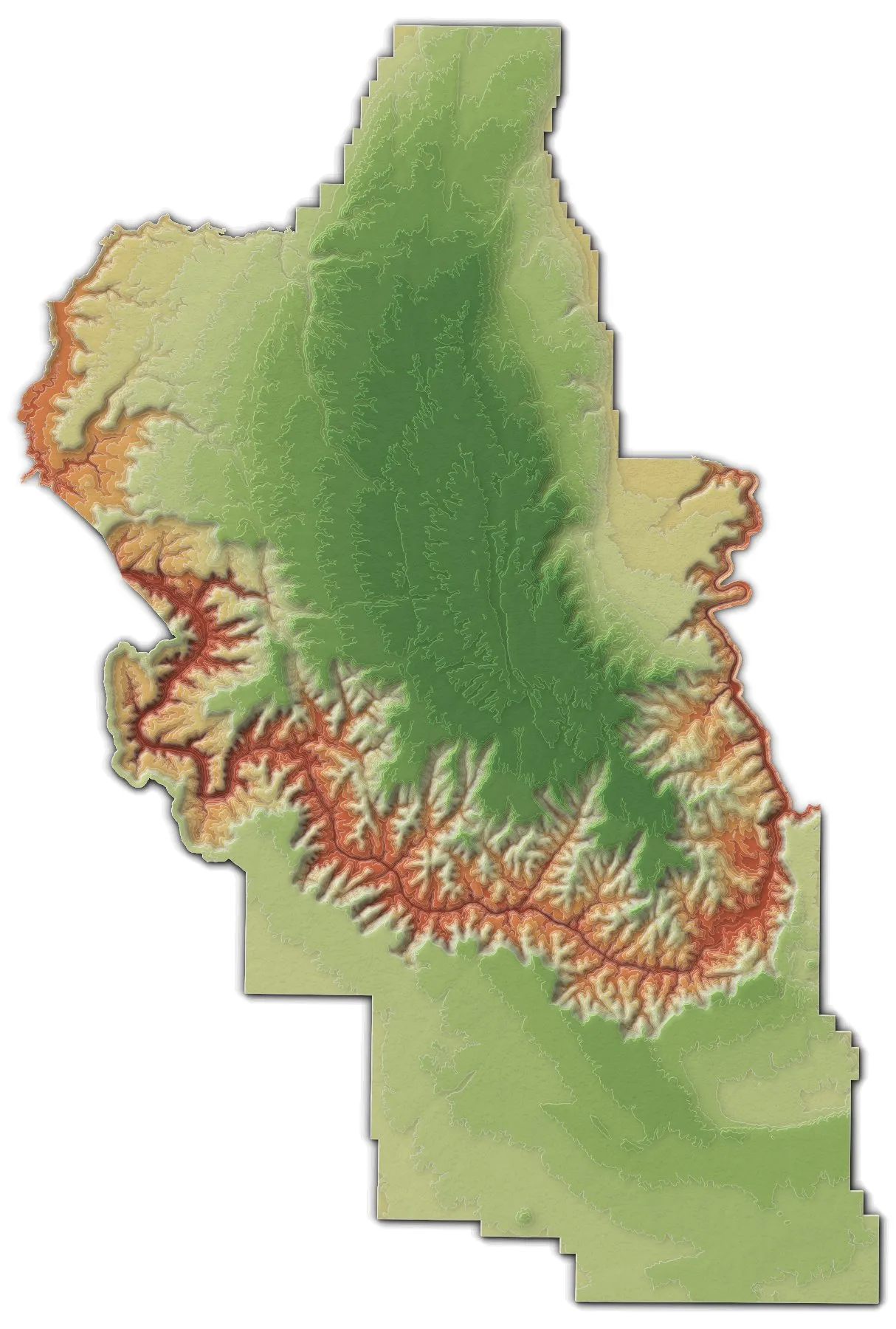 Stacked terrain clipped to the combined outline of Grand Canyon National Park and the Kaibab National Forest
