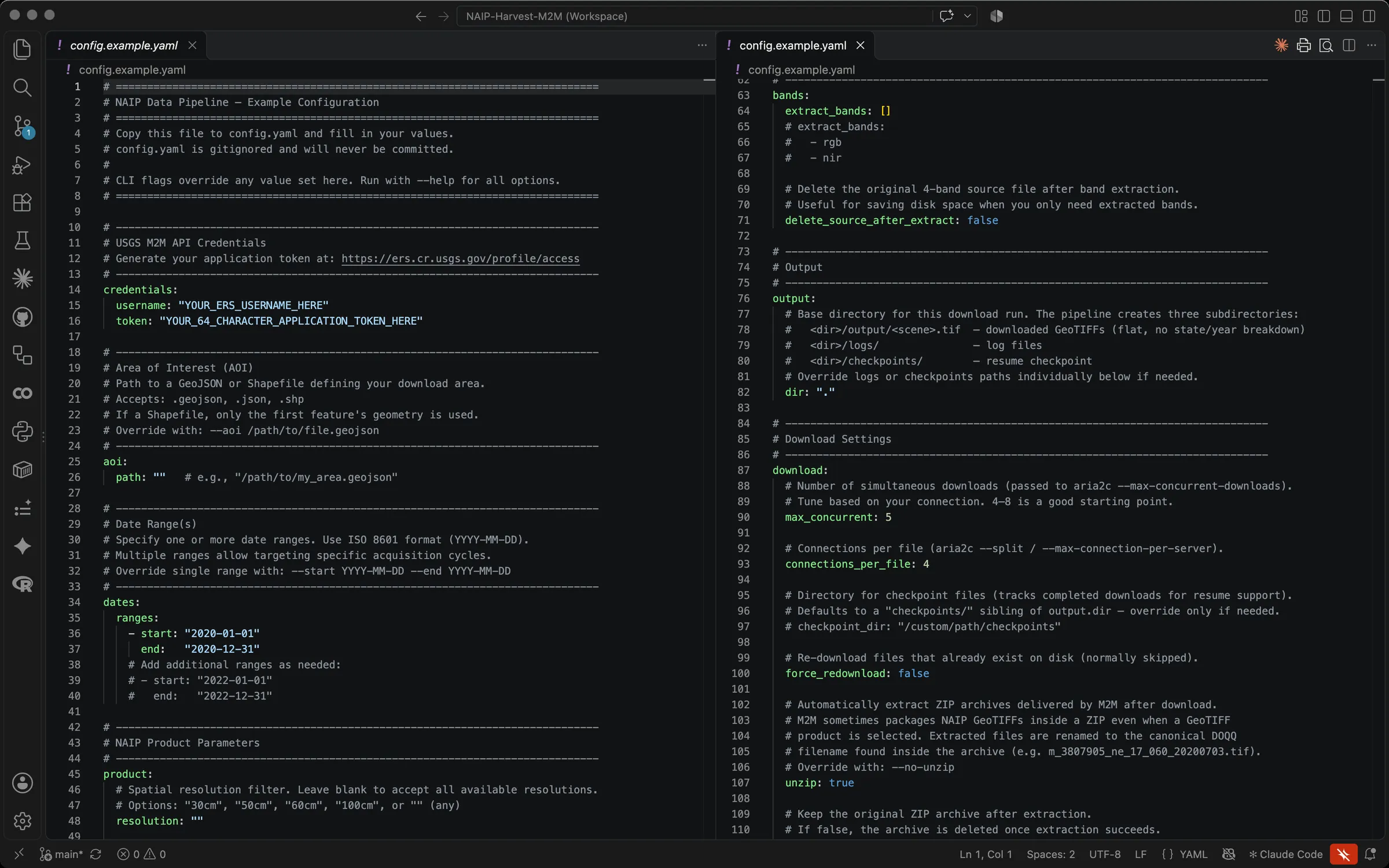 The example configuration file open in VS Code, split into two panes