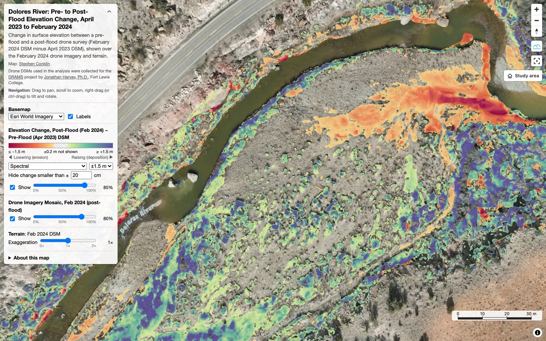 The same view with elevation change colored: erosion in the channel at top right, deposition across the bar