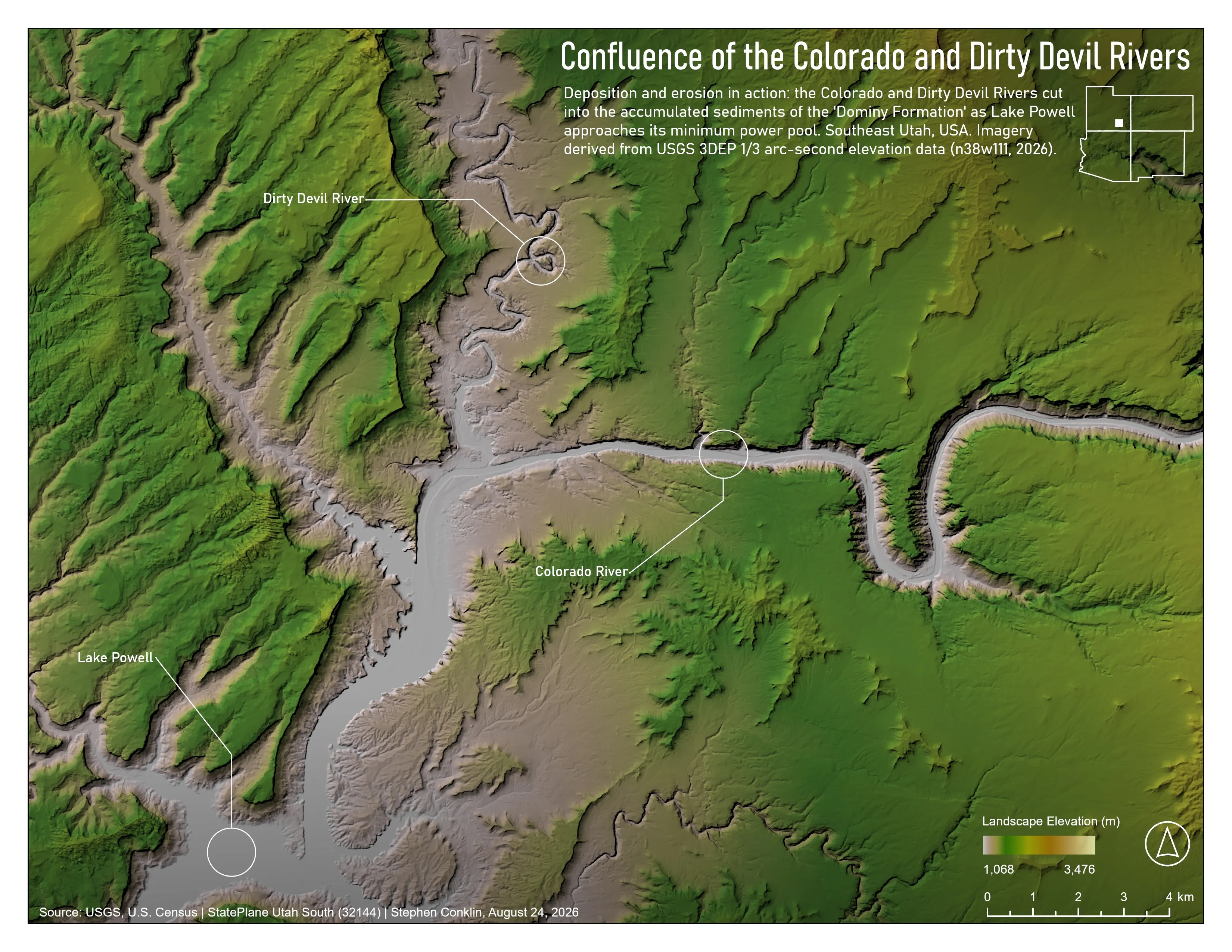 Shaded-relief elevation map of the confluence of the Colorado and Dirty Devil Rivers at the head of Lake Powell, southeast Utah, with the rivers cutting through exposed reservoir sediment