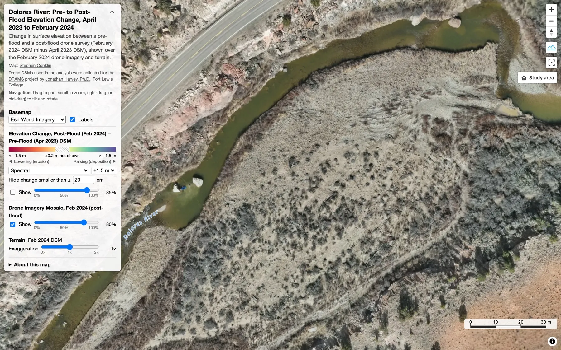Top-down drone image of the Dolores River bar with the change layer turned off