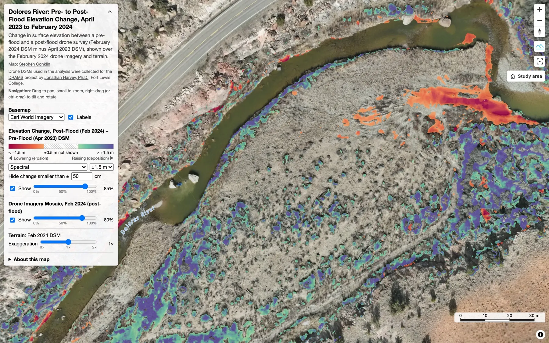 Change map with a 50 cm threshold: only the strongest erosion and deposition remain