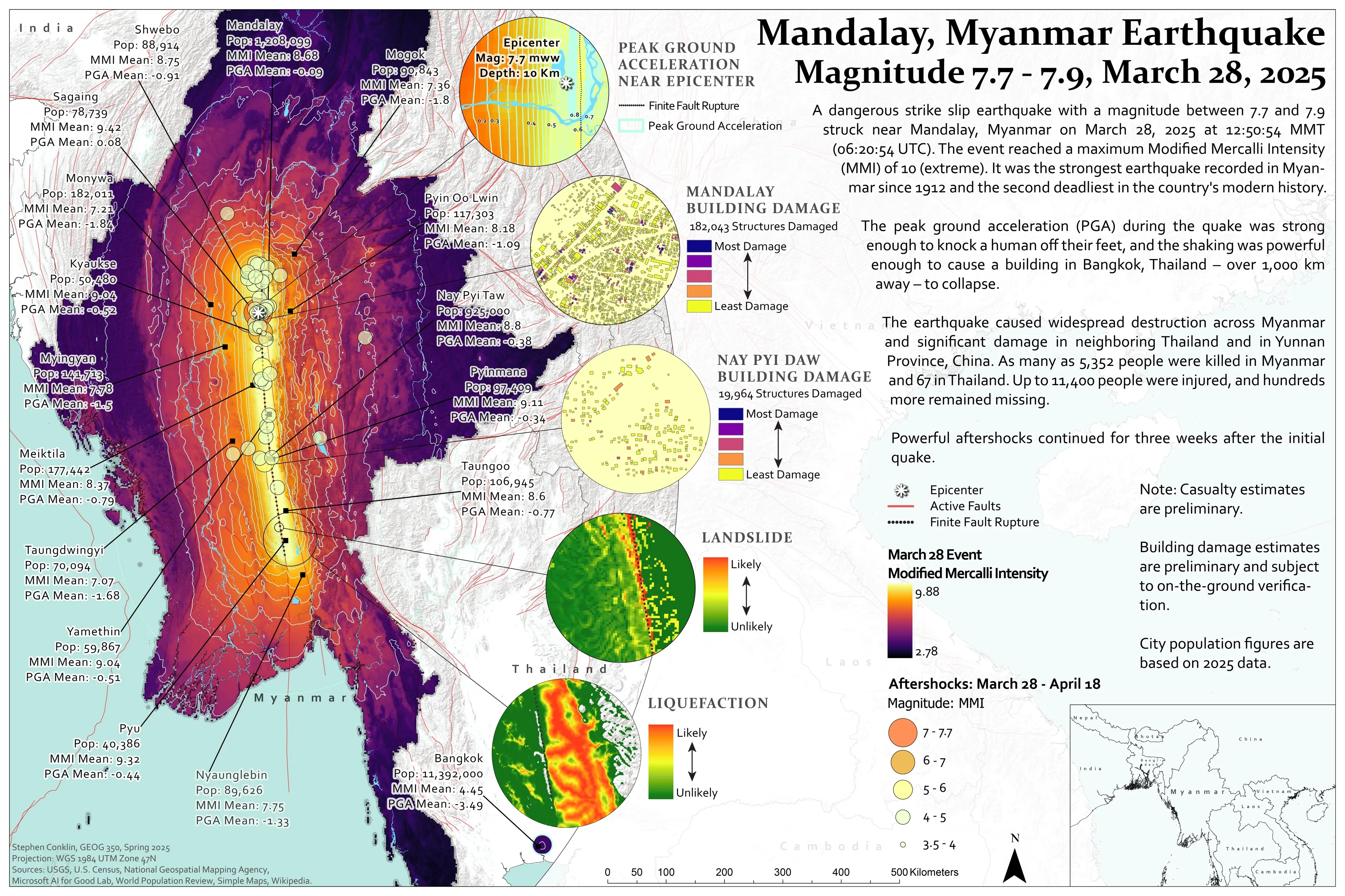 Map of the March 2025 Mandalay, Myanmar earthquake showing shaking intensity, affected cities, building damage insets, and landslide and liquefaction likelihood