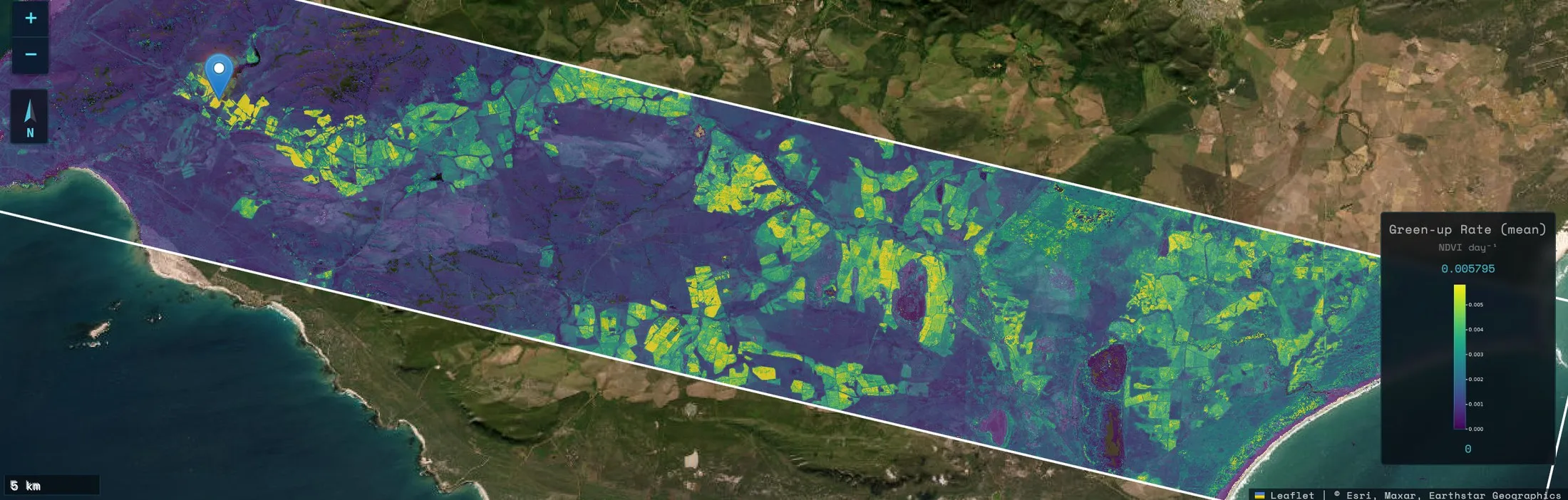 Map of mean green-up rate across flight box G5_5, from dark purple (slow) to yellow (fast)