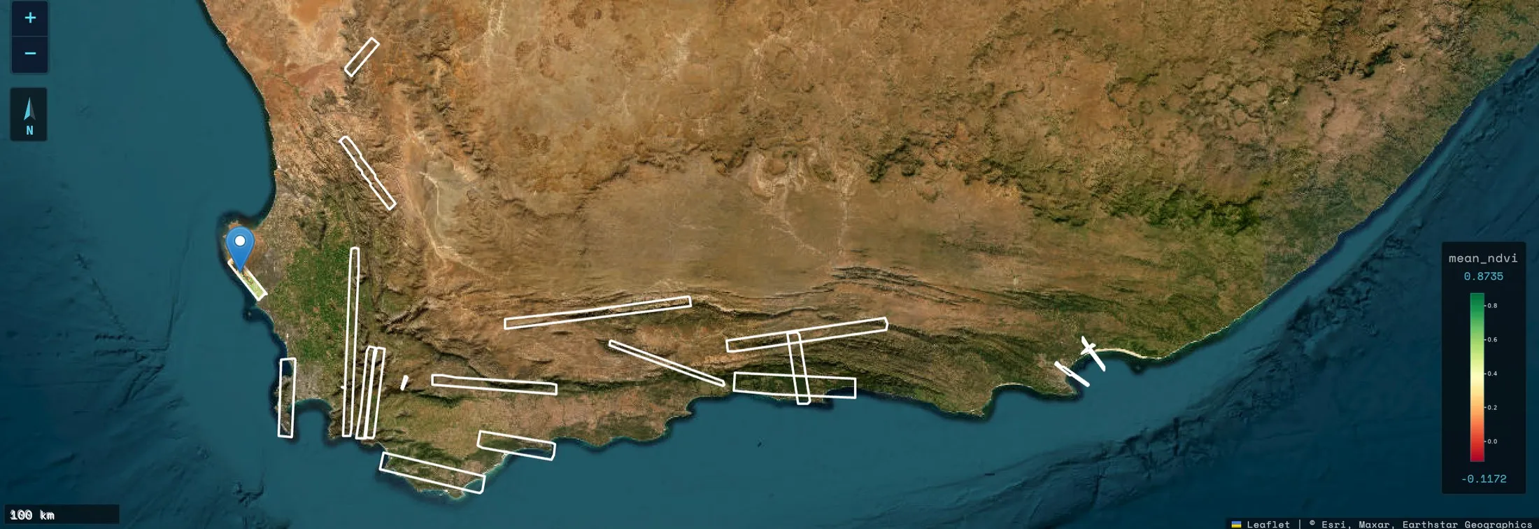 Satellite map of South Africa's Cape with the LVIS flight boxes outlined