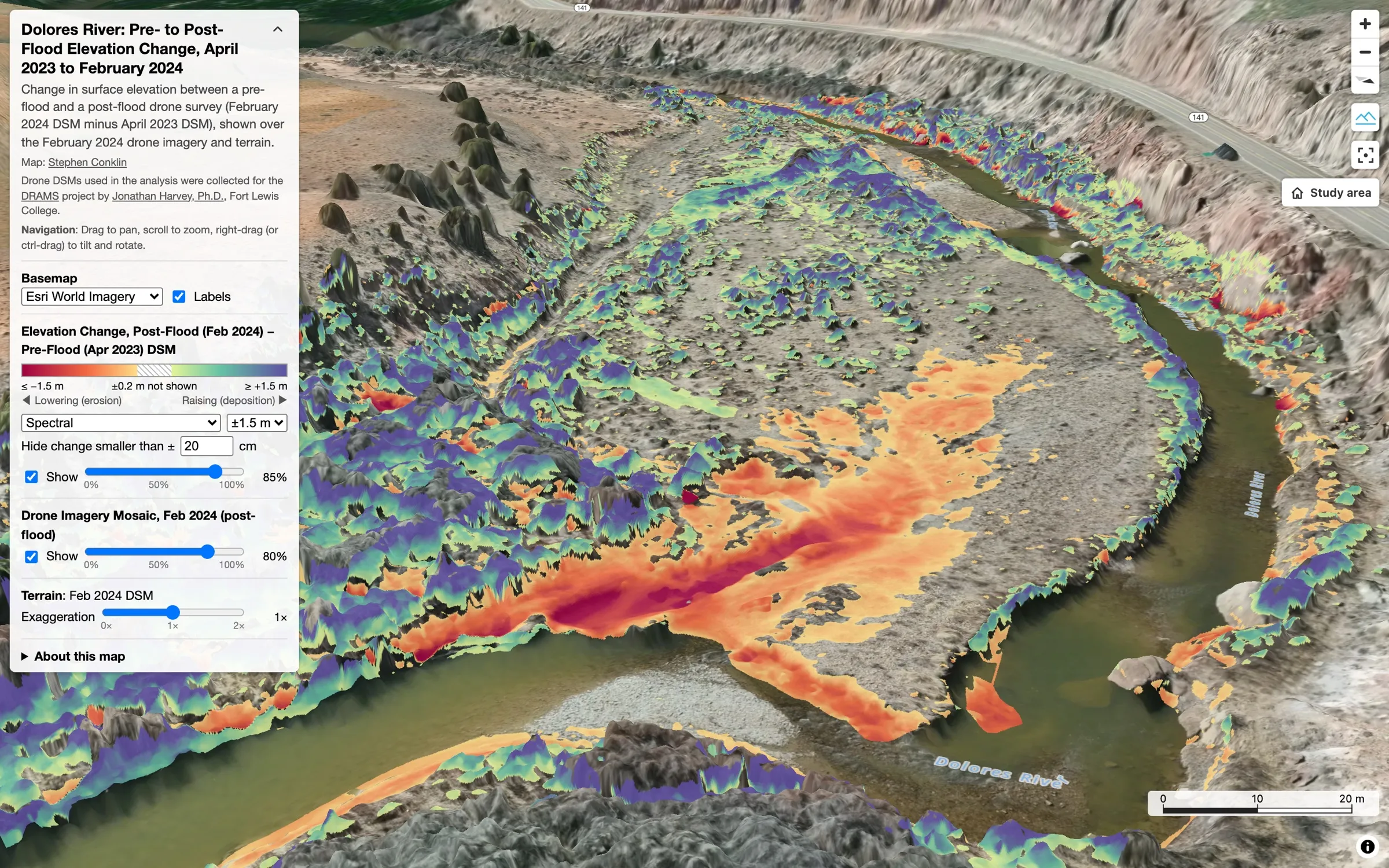 3D view of the Dolores River survey reach with erosion in red and deposition in blue draped over the drone imagery