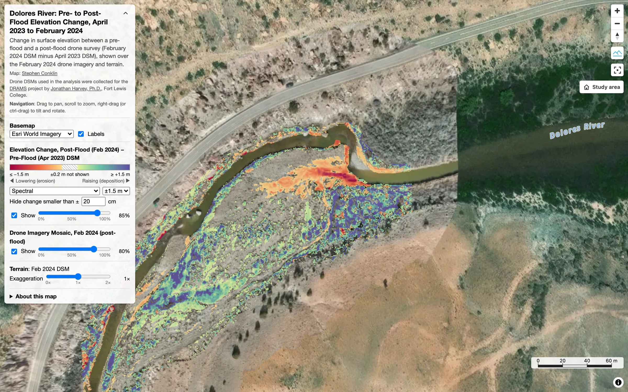 Top-down map of elevation change along the Dolores River survey reach