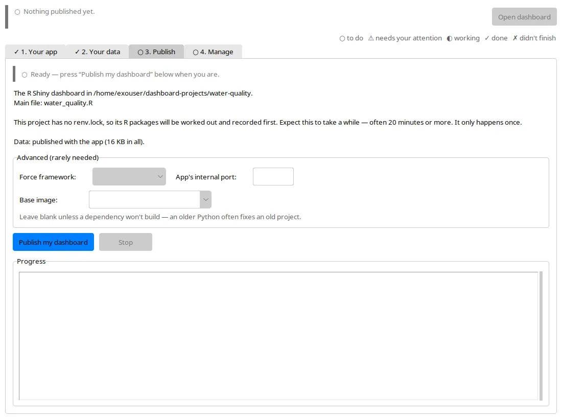 The Publish tab: a readiness summary for an R Shiny dashboard, advanced options collapsed, and the Publish my dashboard button