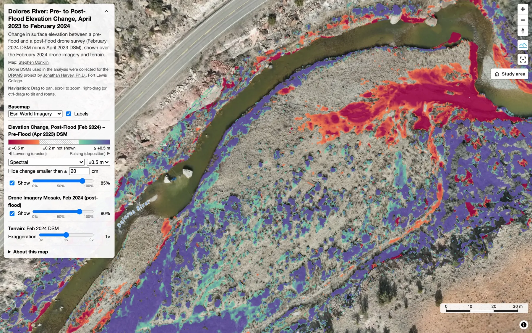 Change map stretched to plus or minus 0.5 m: saturated reds and purples
