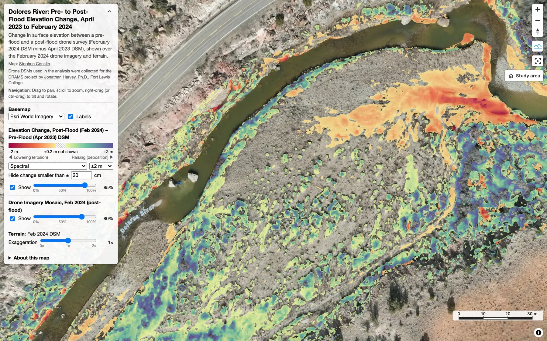 Change map stretched to plus or minus 2 m: pale colors