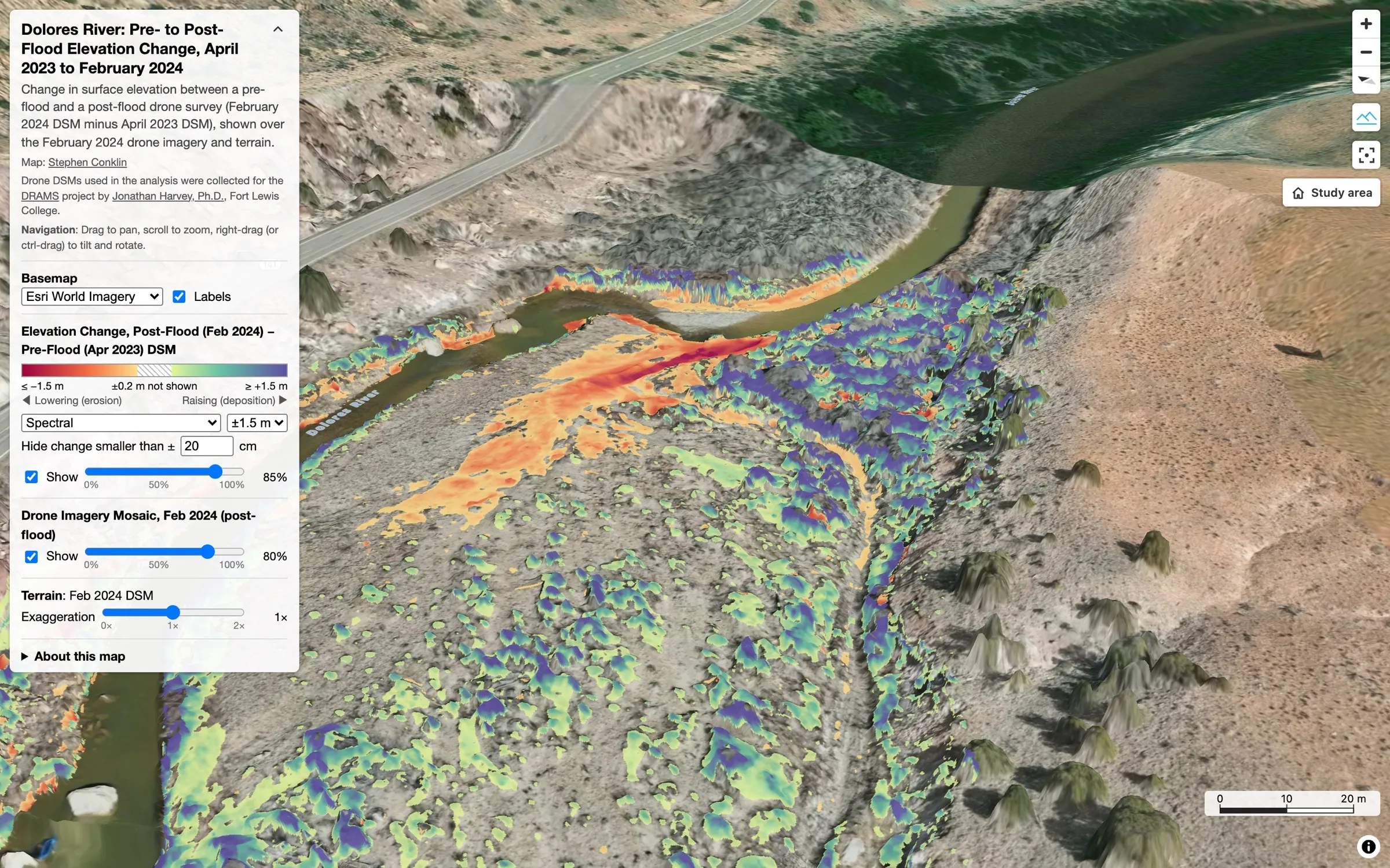 Reverse-angle 3D view of the river bend showing erosion and deposition
