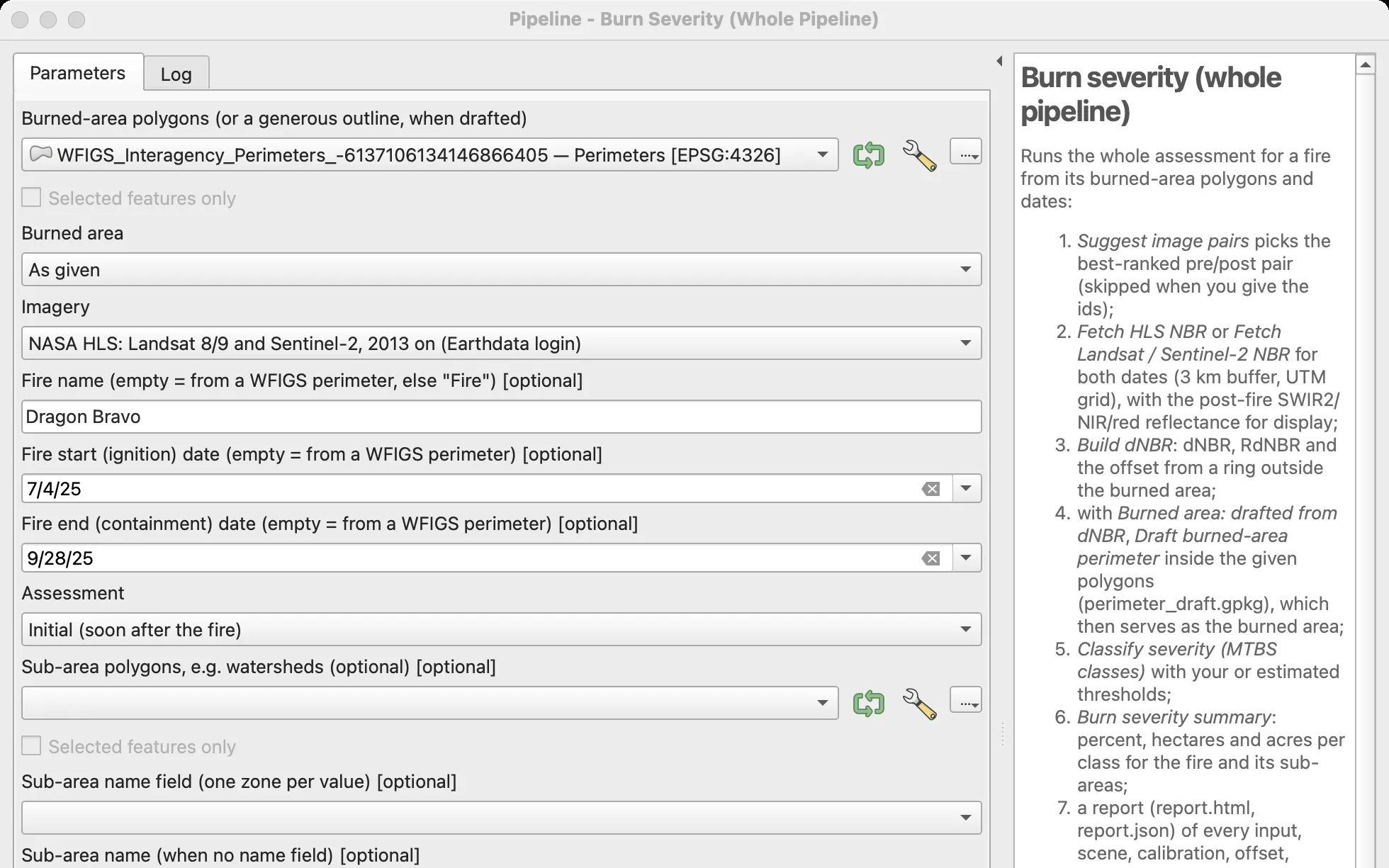 The Burn severity (whole pipeline) dialog in QGIS filled in for the Dragon Bravo Fire, with a help panel listing the pipeline steps