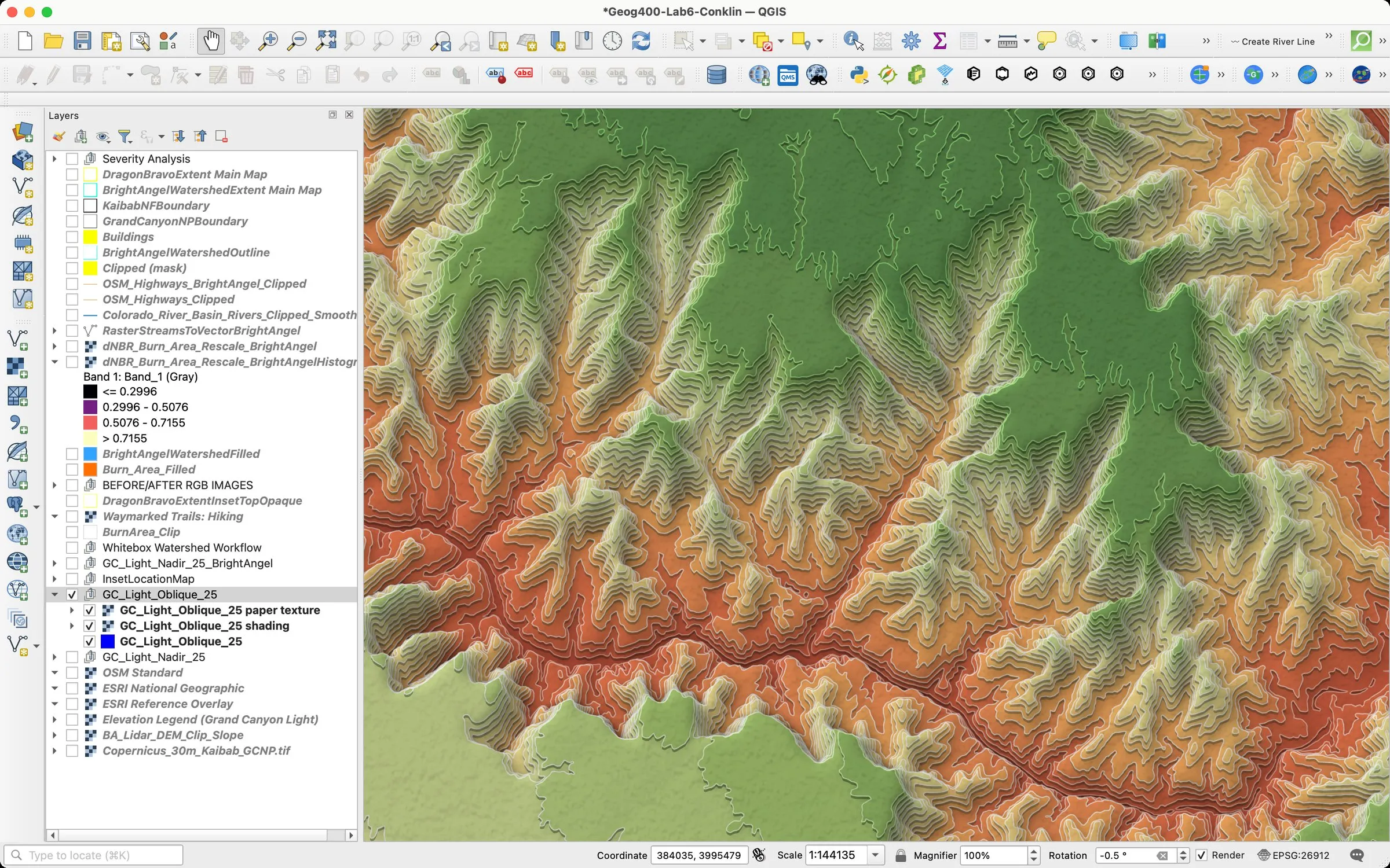 QGIS with a Stacked Terrain Builder run loaded as one styled group of layers