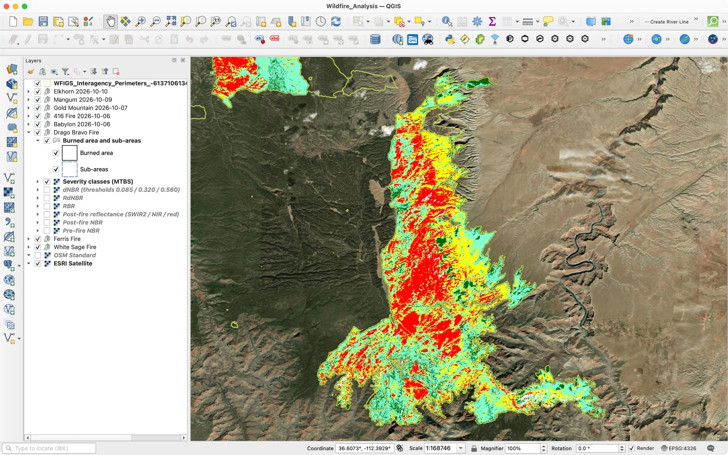 QGIS showing the Dragon Bravo Fire output layers in the Layers panel and the burn-severity classes on the map
