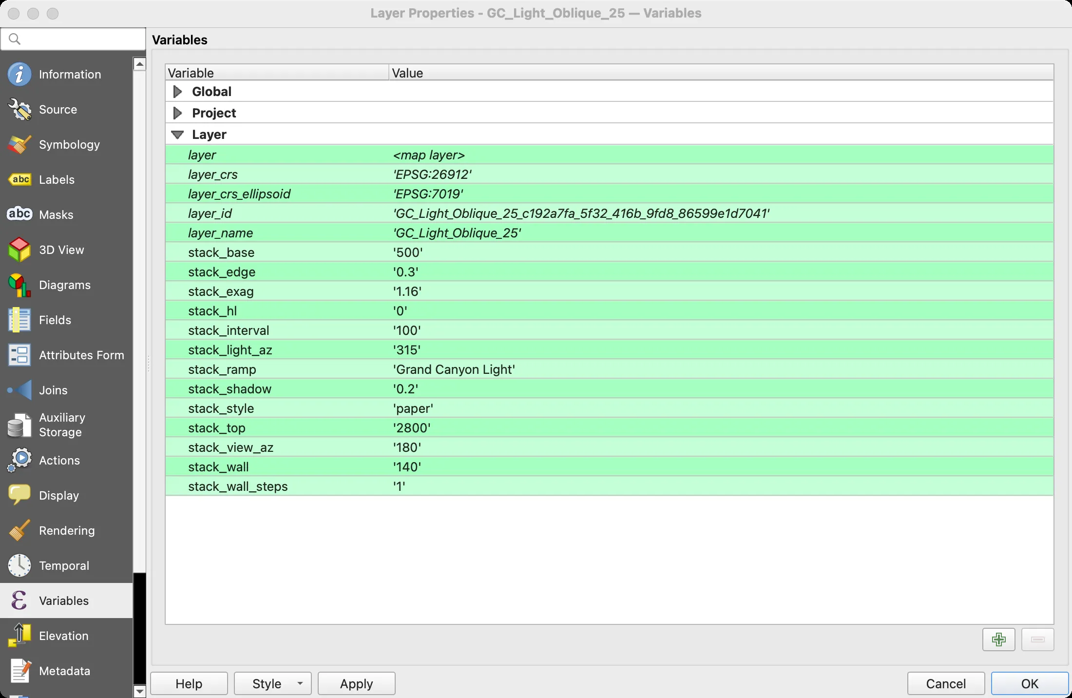 The Variables page of the stacked terrain layer's properties, listing the stack_ variables