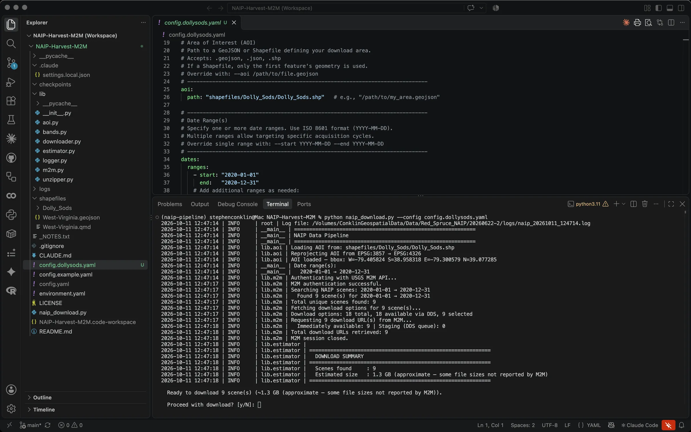 Terminal output of a NAIP Harvest M2M run ending with a download summary of 9 scenes, an estimated size and a proceed prompt